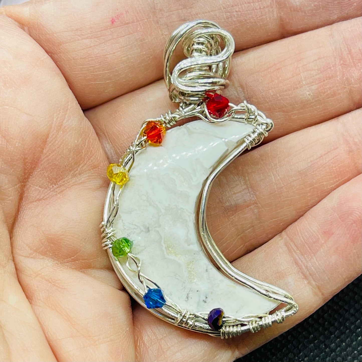 White Druzy Agate Crescent Moon Pendant in Sterling Silver Wire Wrapped Jewelry Necklace Gift Crystal Rainbow
