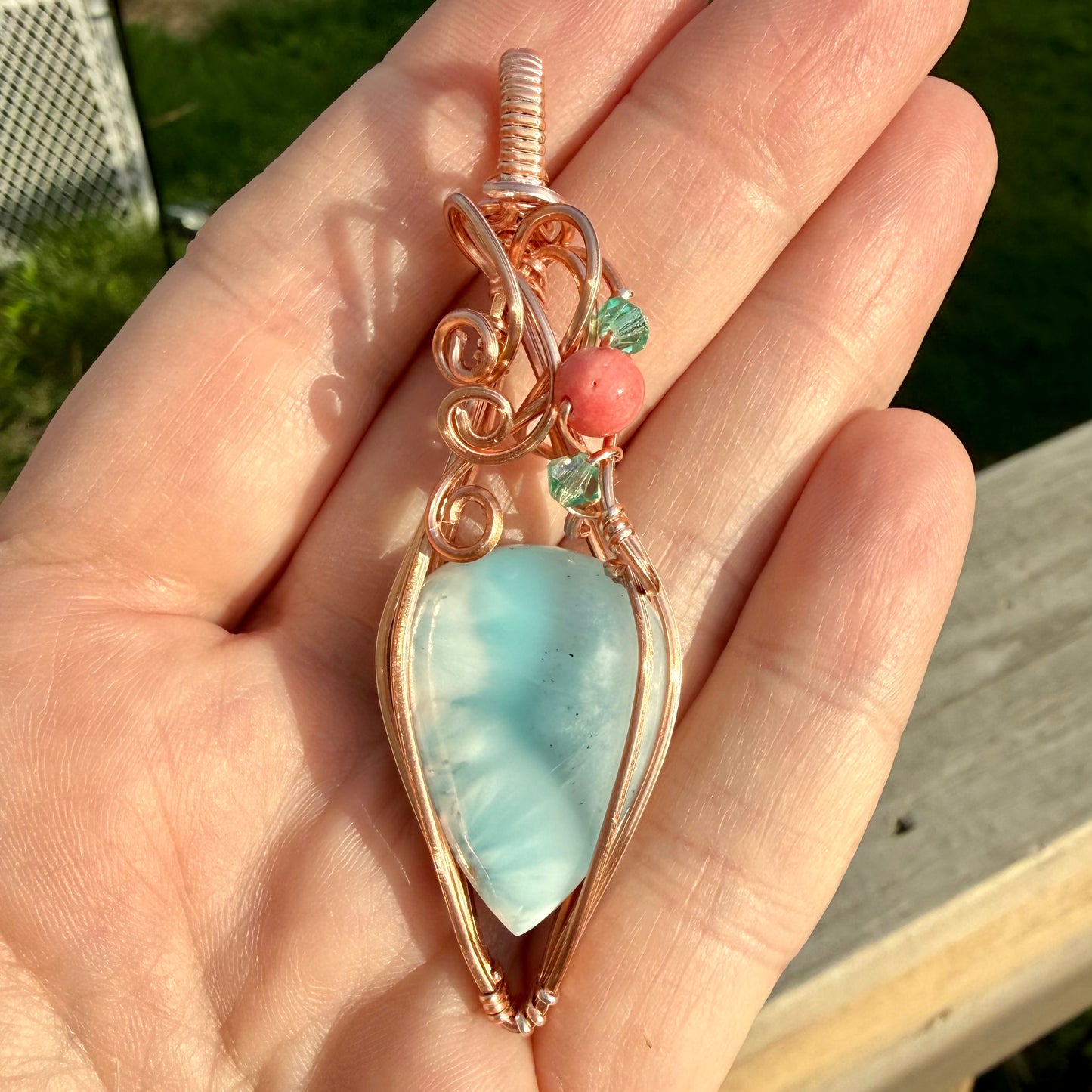 Larimar Pendant Wire Wrapped in Rose Gold Tone w Coral & Glass Beads Jewelry Necklace