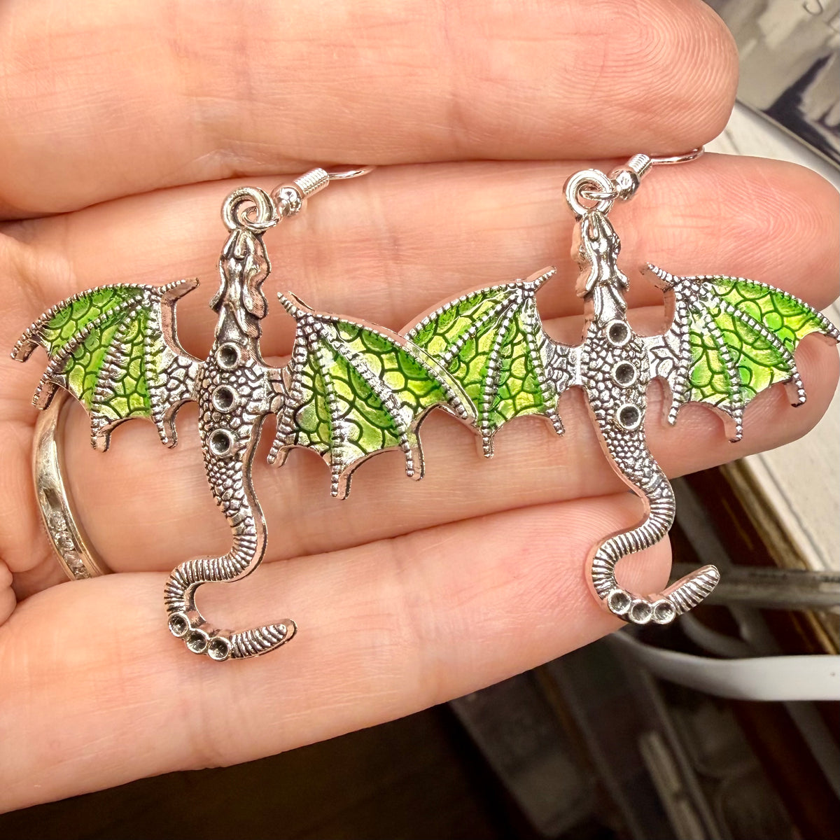 Green Metal Dragon Earrings