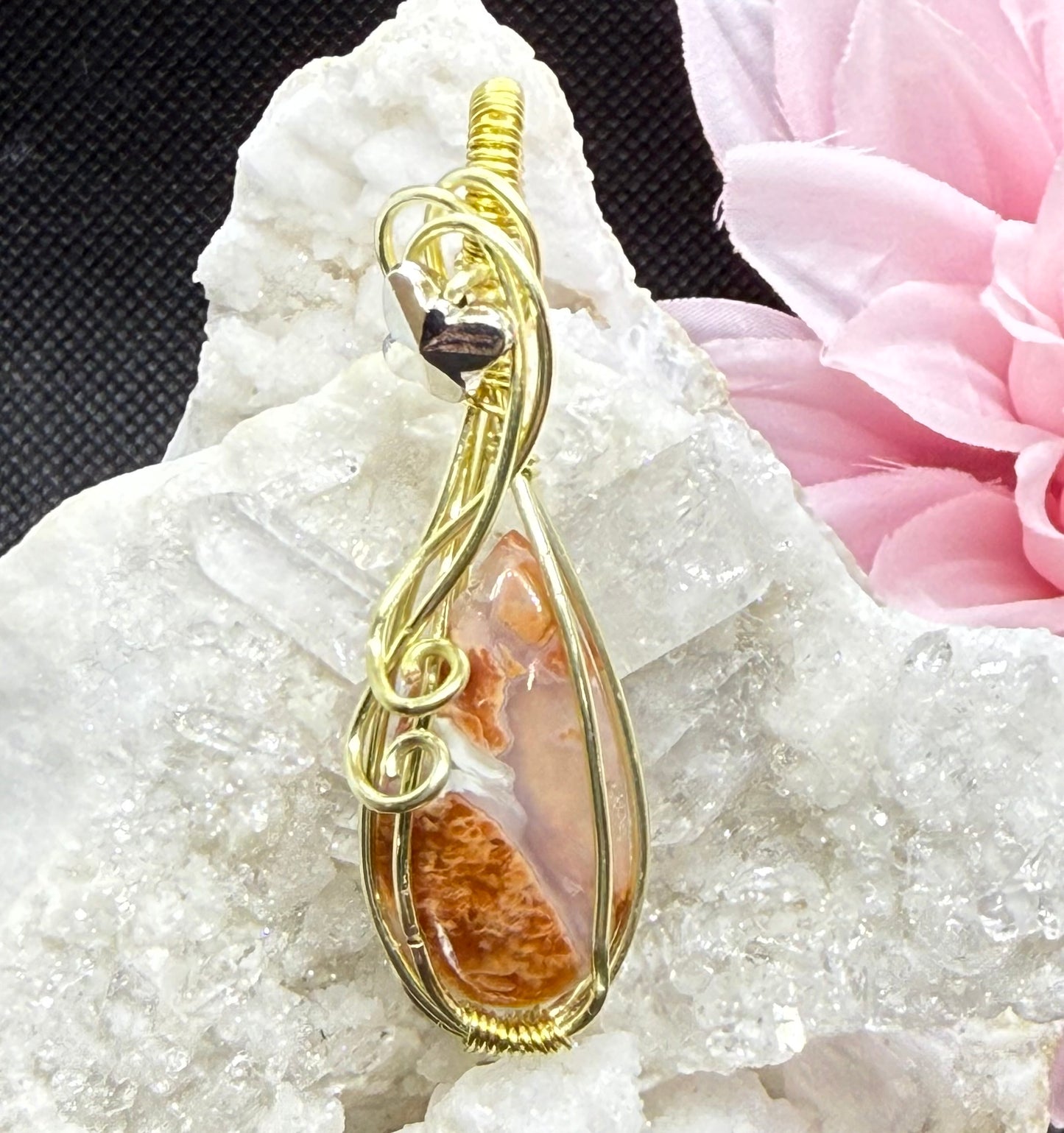 Cotton Candy Agate Wire Wrapped in Gold Tone Cooper Coated Wire with Butterfly Pendant Necklace Jewelry Gift