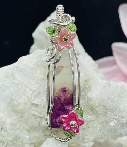 Pink Moss Agate Pendant with Flowers in Sterling Silver Wire Wrapped Jewelry Necklace Gift