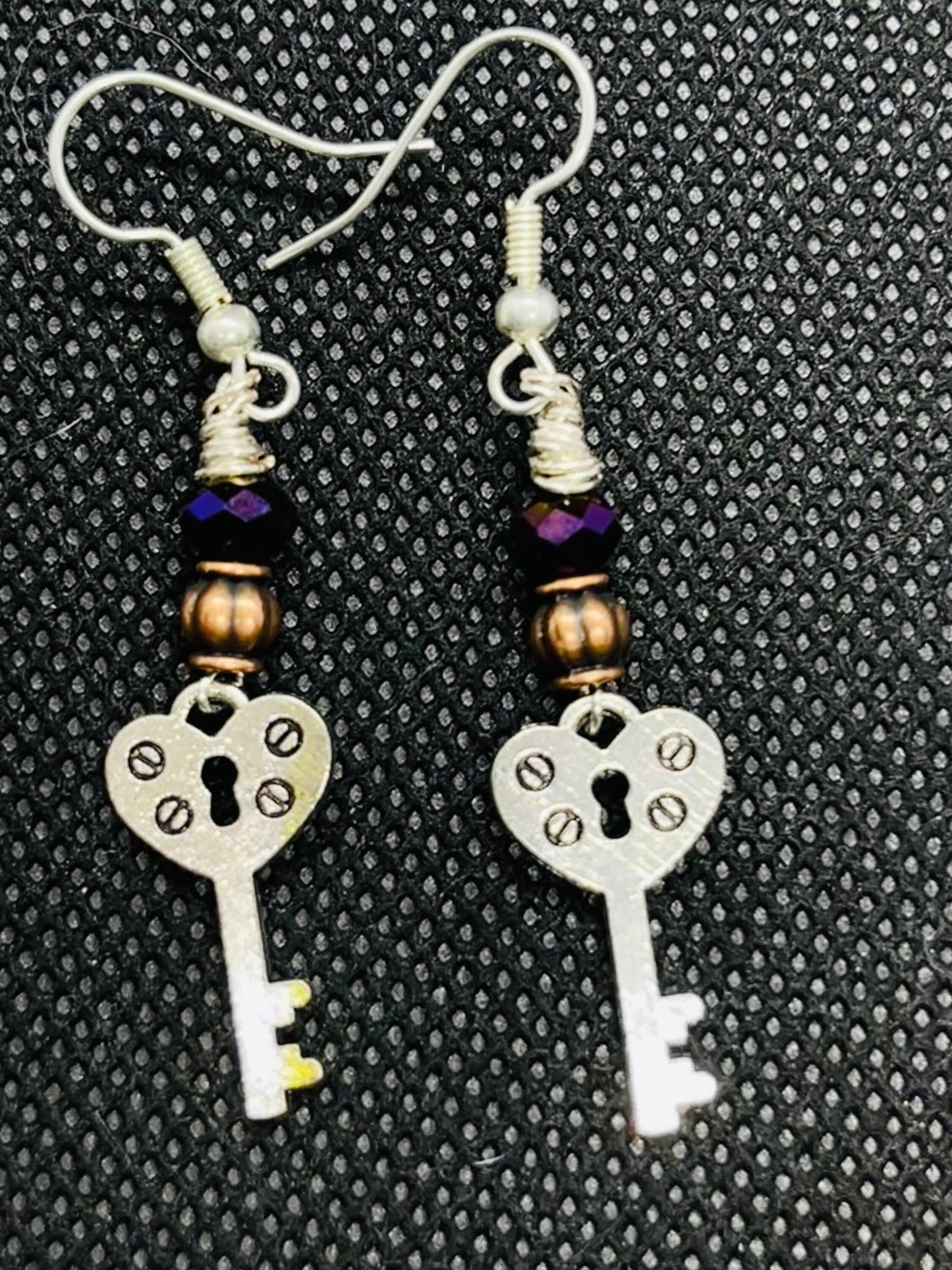 Skeleton Heart Key Earrings w Bead Accents