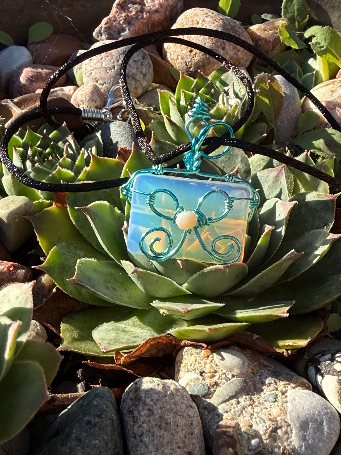 TS Inspired Pendant Opalite Wire Wrapped in Teal Coated Copper Wire with Glass Beads & Bow Necklace Jewelry