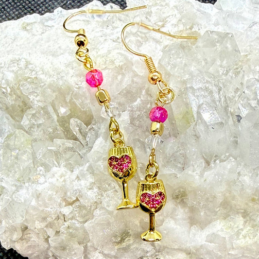 Pink Heart Wine Glass Earrings Style 4