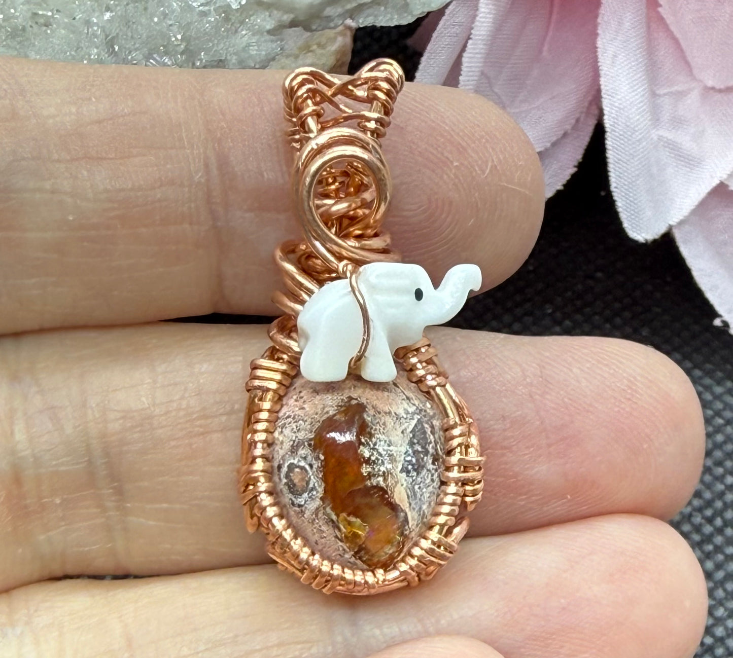 Mexican Fire Opal with Elephant Wire Wrapped in Copper Jewelry Necklace Pendant