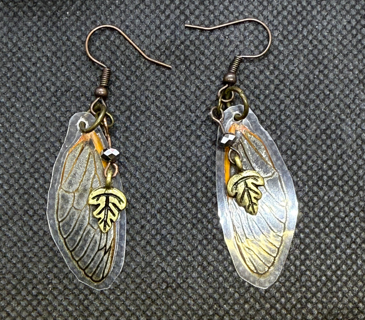 Fairy Wing Cicada Earrings w Bronze Leaf & Bead Jewelry Gift Limited