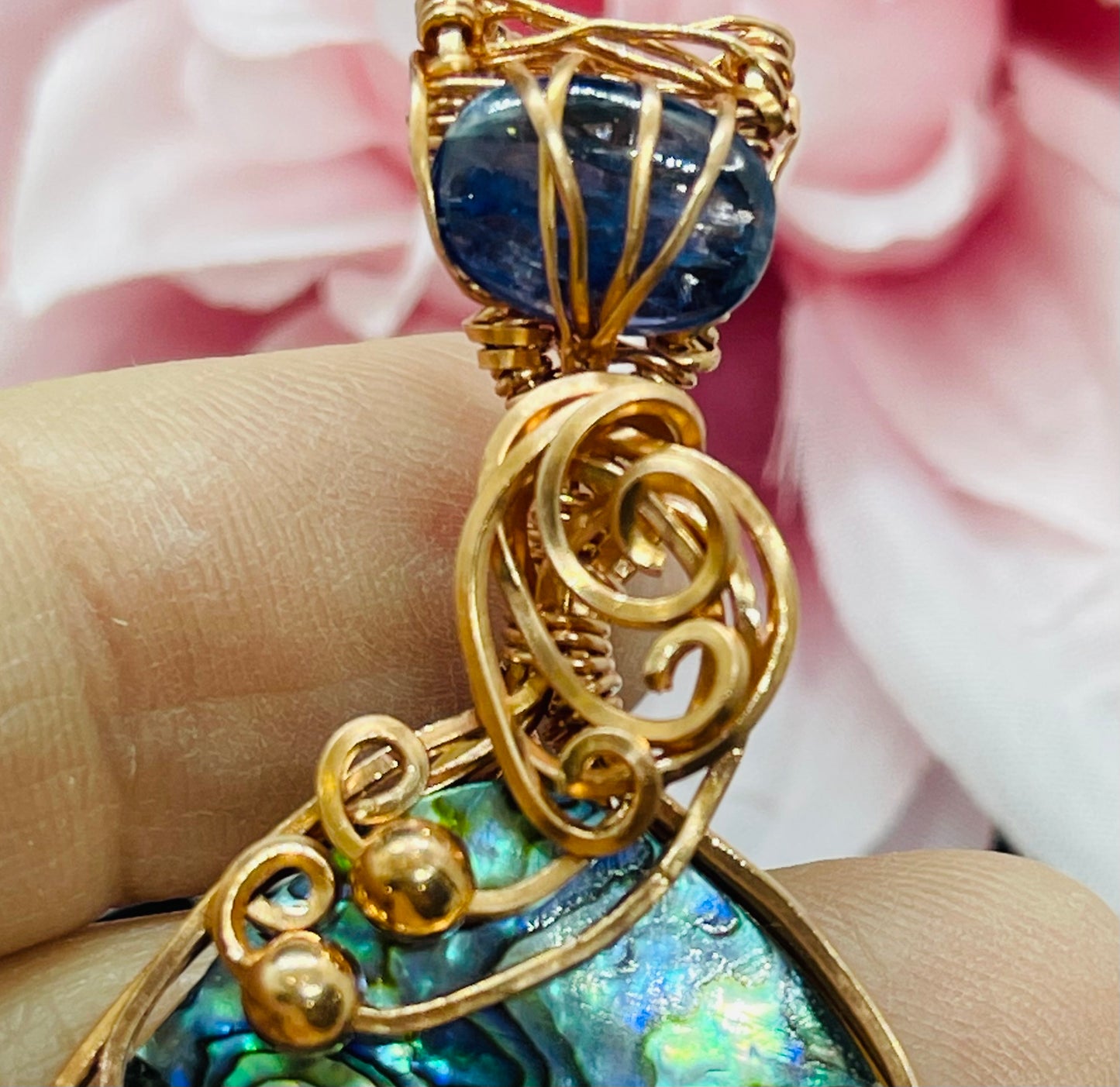 Abalone Shell Pendant Necklace Jewelry with Kyanite Accent in Copper & Crystal Dangle Gift