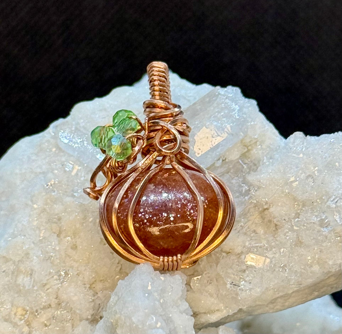 Sunstone Orange Pumpkin in Copper with Green Accents Pendant Necklace