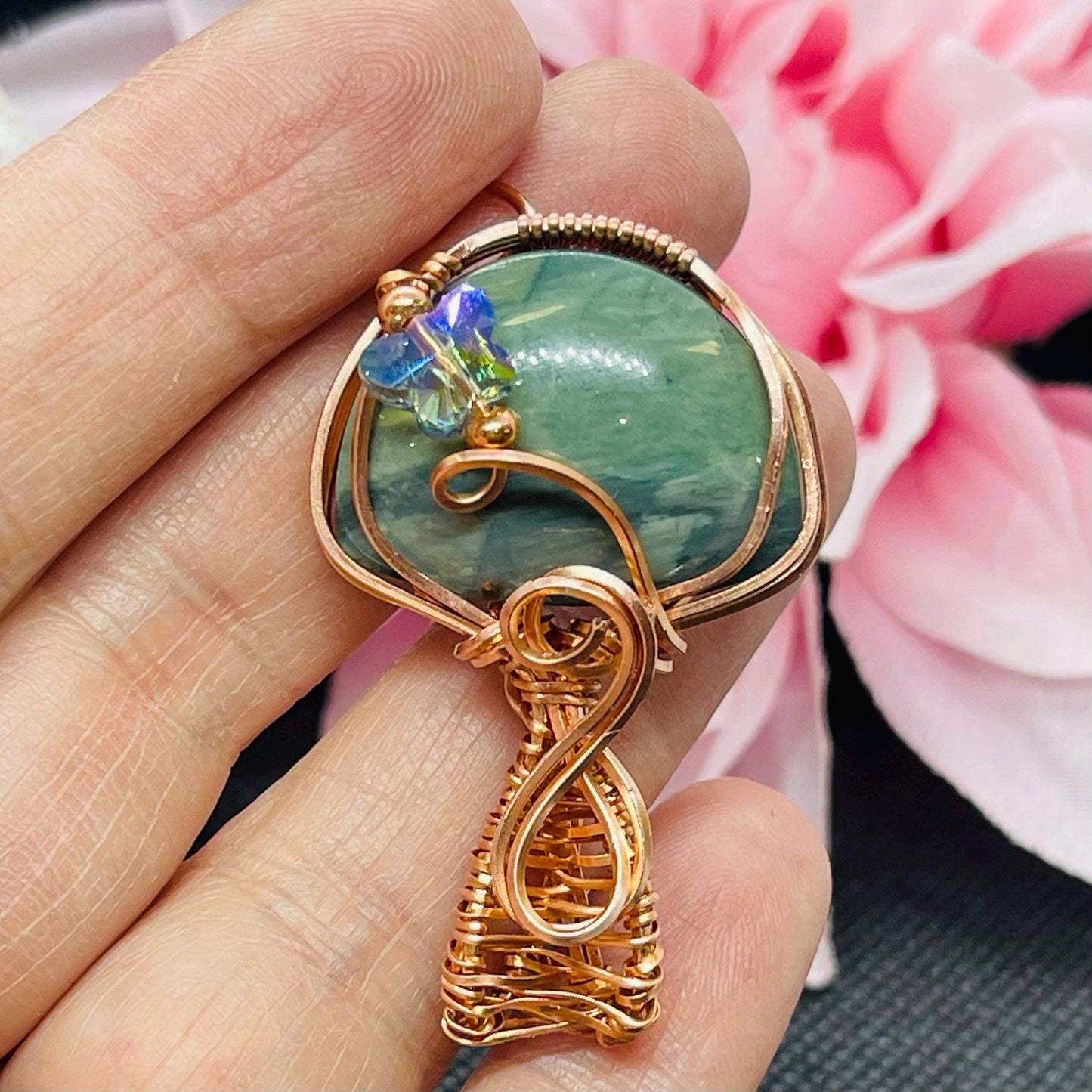 Gary Green Jasper & Crystal Butterfly Pendant Wire Wrapped in Copper Jewelry Necklace Gift