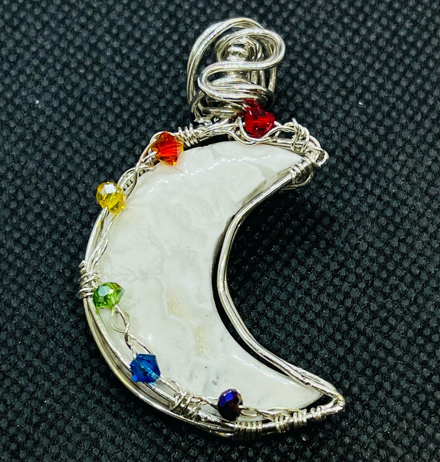 White Druzy Agate Crescent Moon Pendant in Sterling Silver Wire Wrapped Jewelry Necklace Gift Crystal Rainbow