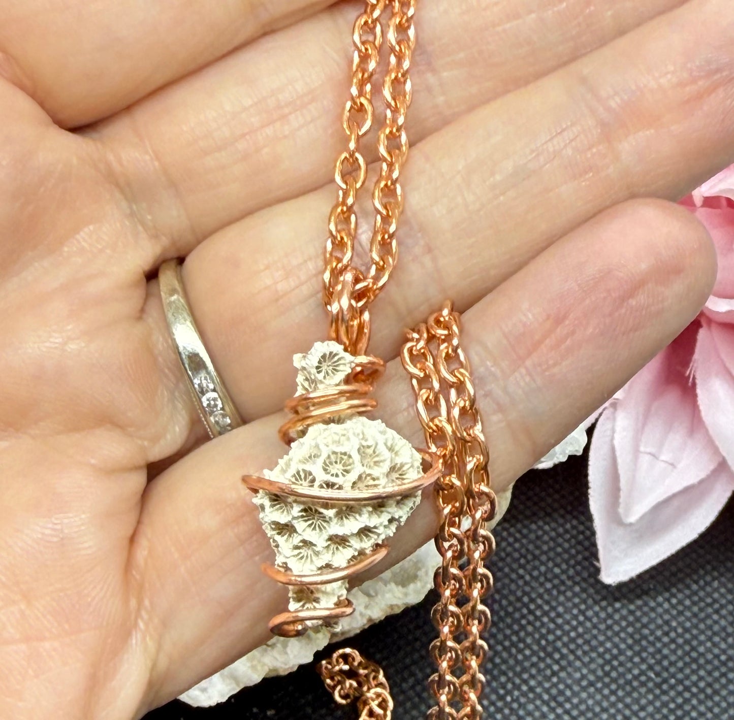 Fossilized Coral Shell Wire Wrapped in Copper with 20 inch Chain