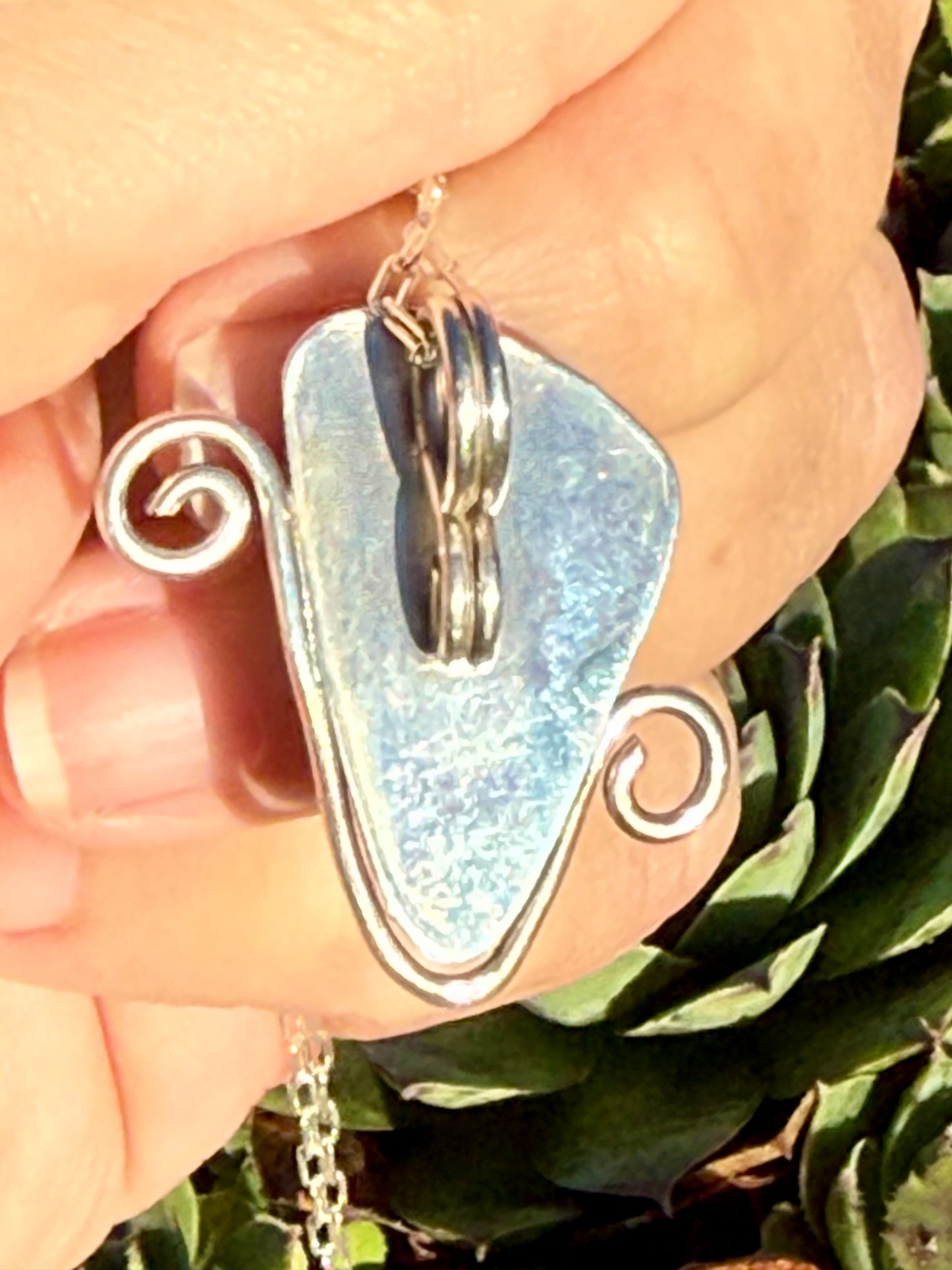 Feather Fluorite Doublet in Sterling Silver w 22” Sterling Chain Pendant Jewelry Necklace