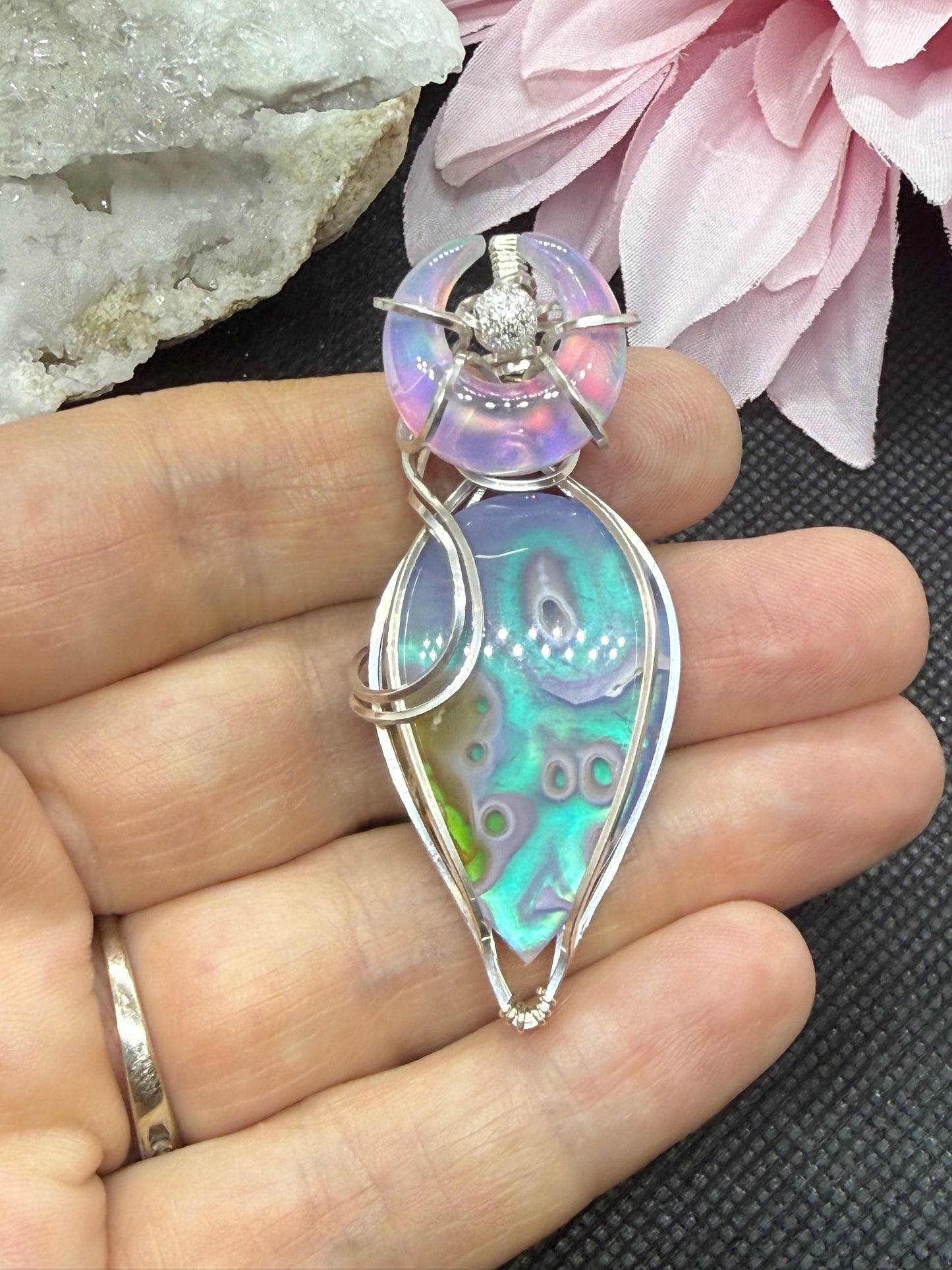 Moss Agate Doublet with Aurora Opal Crescent Moon Pendant Necklace Jewelry