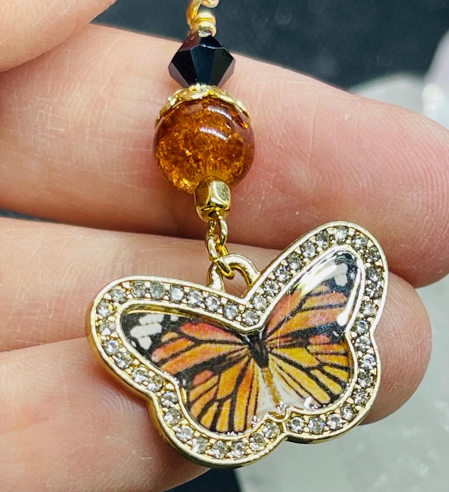 Monarch Butterfly Earrings with Black Crystal and Orange Sparkle Bead Accents Jewelry Gift