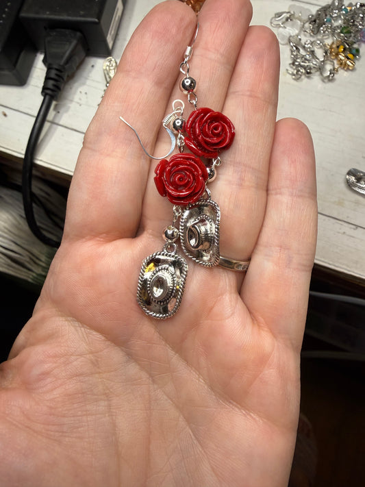 Red Rose Hat Cowgirl Cowboy Earrings