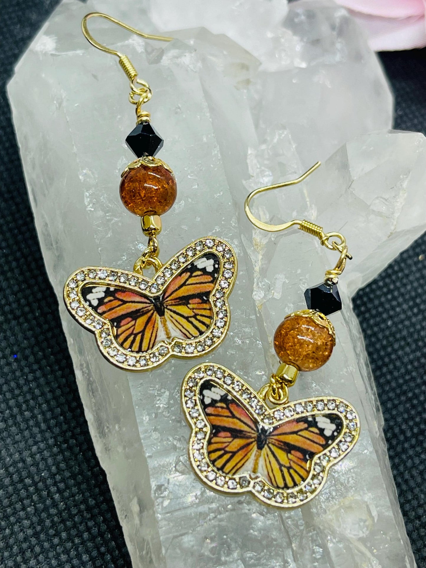Monarch Butterfly Earrings with Black Crystal and Orange Sparkle Bead Accents Jewelry Gift