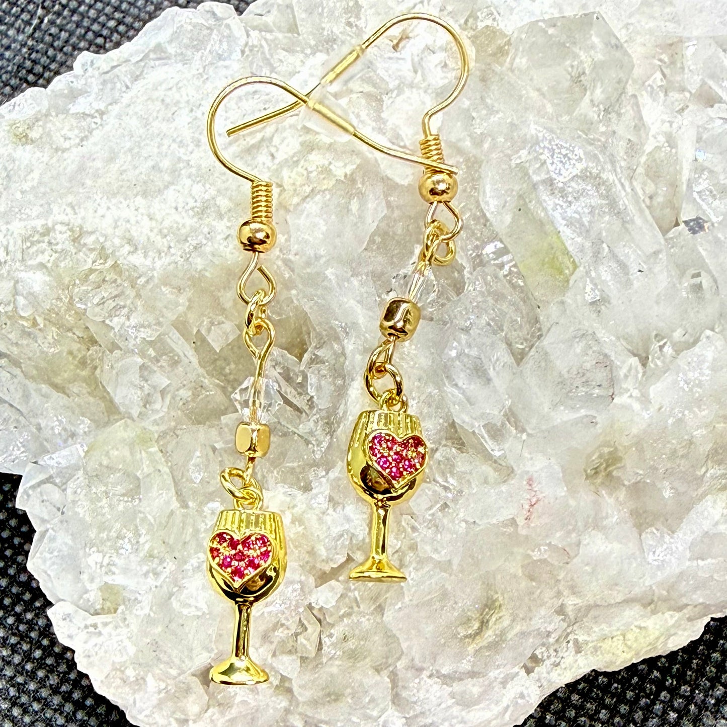 Pink Heart Wine Glass Earrings Style 3