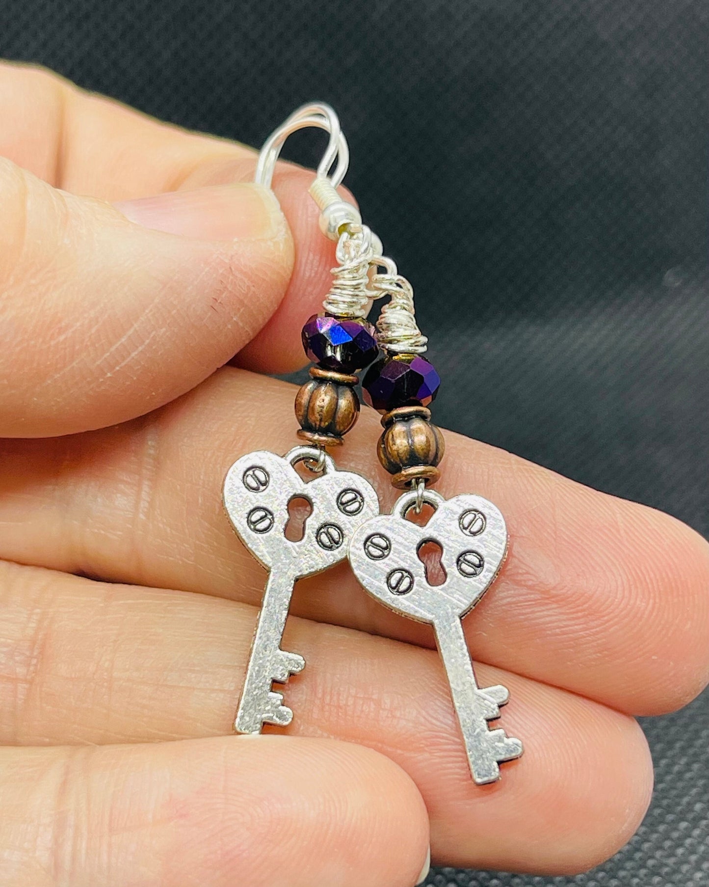 Skeleton Heart Key Earrings w Bead Accents