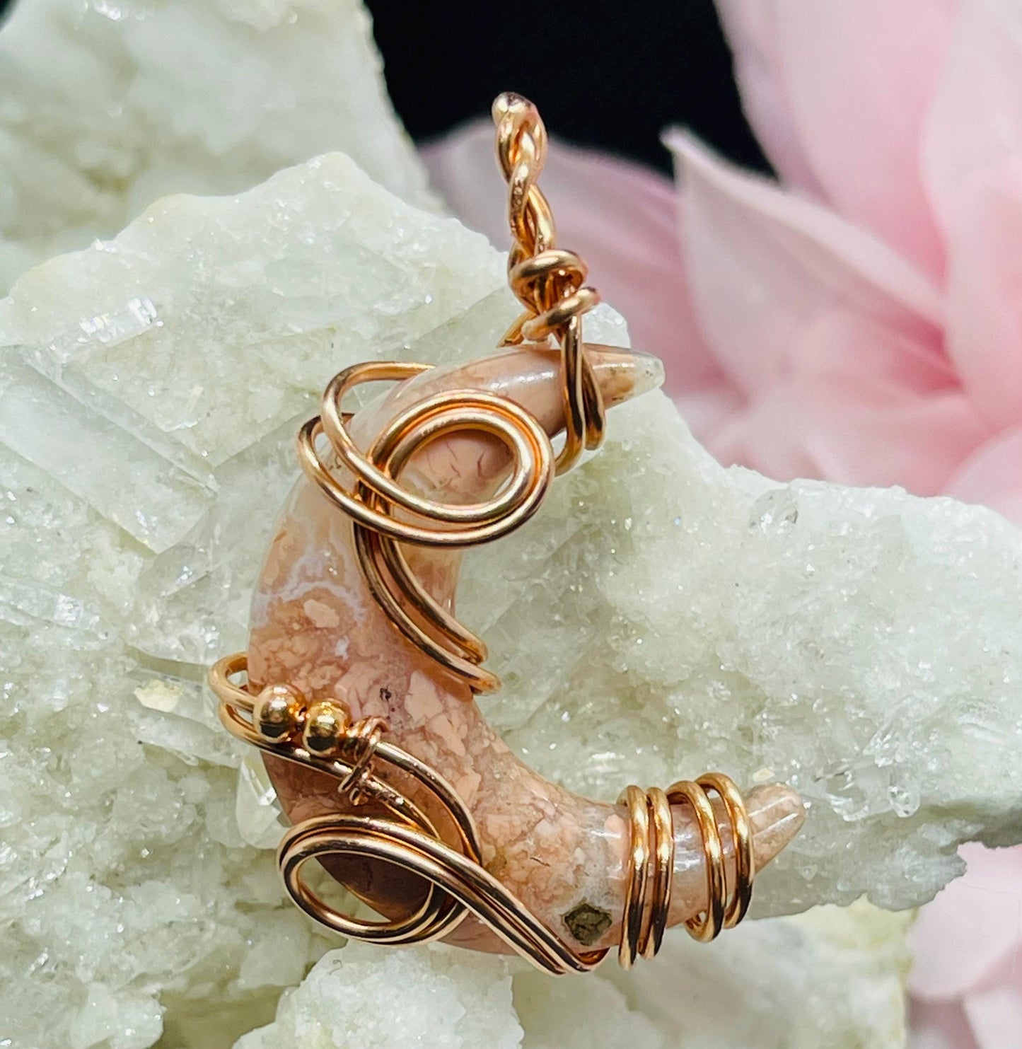 Cotton Candy Agate Crescent Moon Pendant in Copper Wire Wrapped Jewelry Necklace Gift Crystal Pink