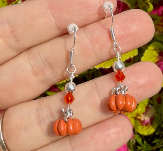 3D Pumpkin Earrings with Faceted Accent Beads in Silver
