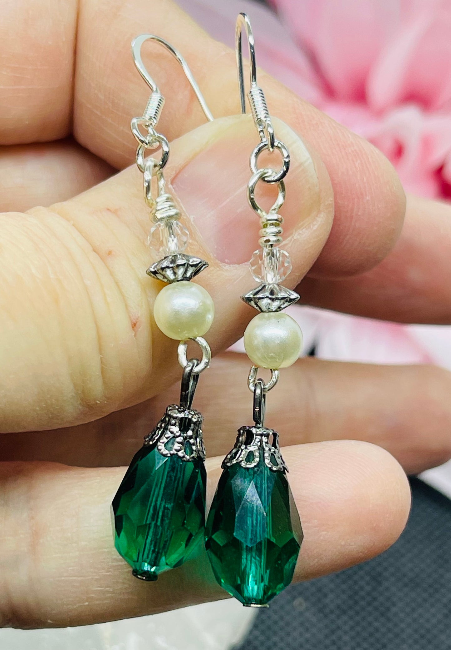 Elegant Green Glass Teardrop Earrings with Pearl Accents