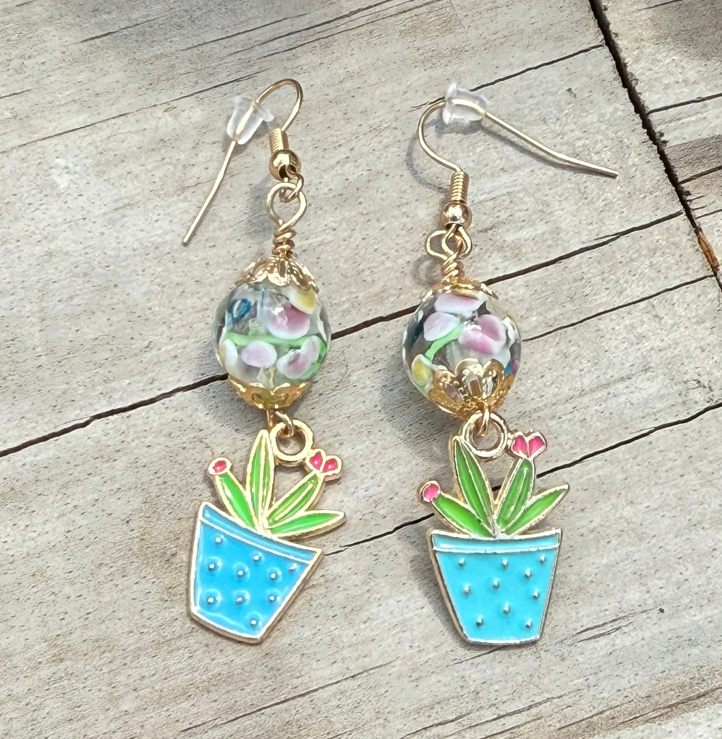 Playful Plant Earrings in Gold with Floral Accent Bead