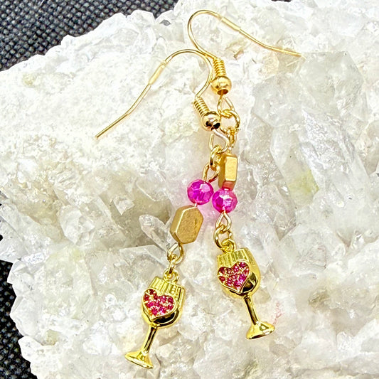 Pink Heart Gold Wineglass Earrings Style 1