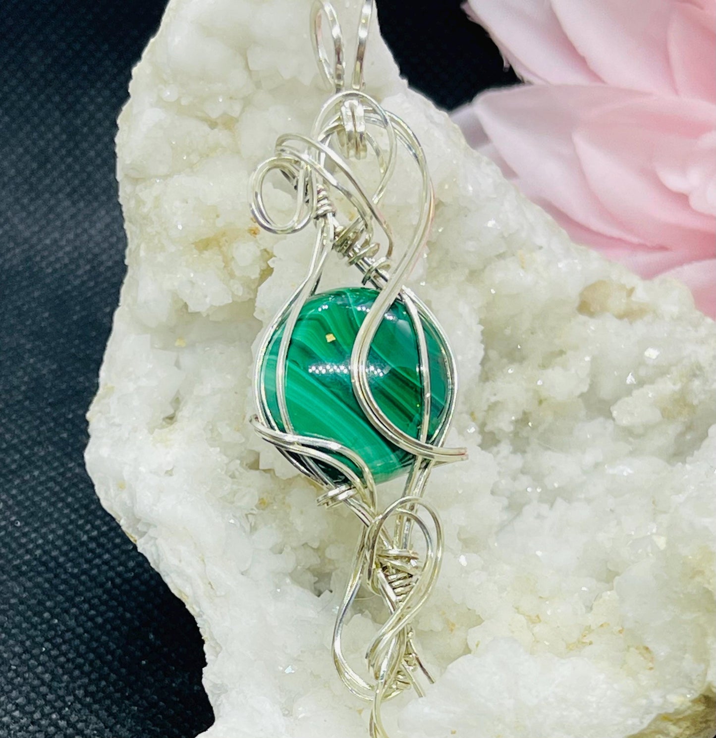 Malachite Swirl Pendant in Sterling Silver Wire Wrapped Jewelry Necklace Gift