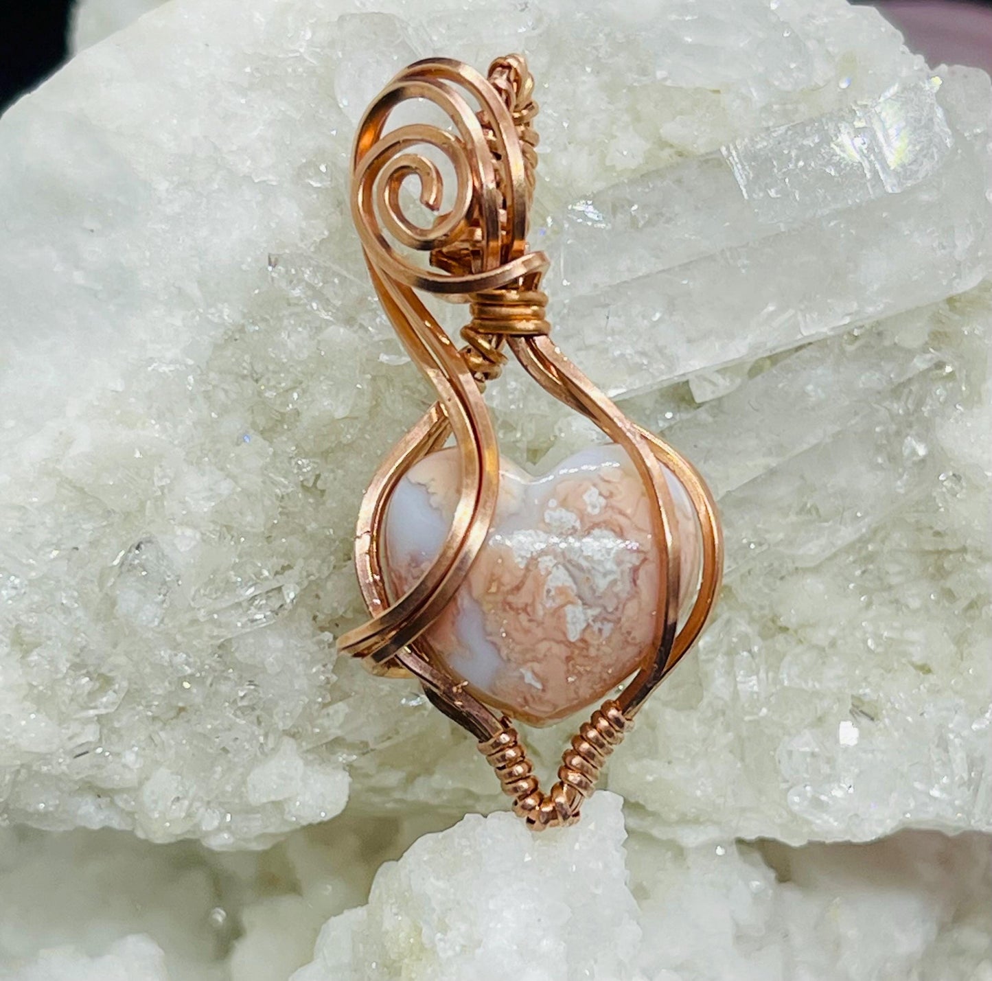 Cotton Candy Agate Heart Mini Pendant Wire Wrapped in Copper Jewelry Necklace Gift