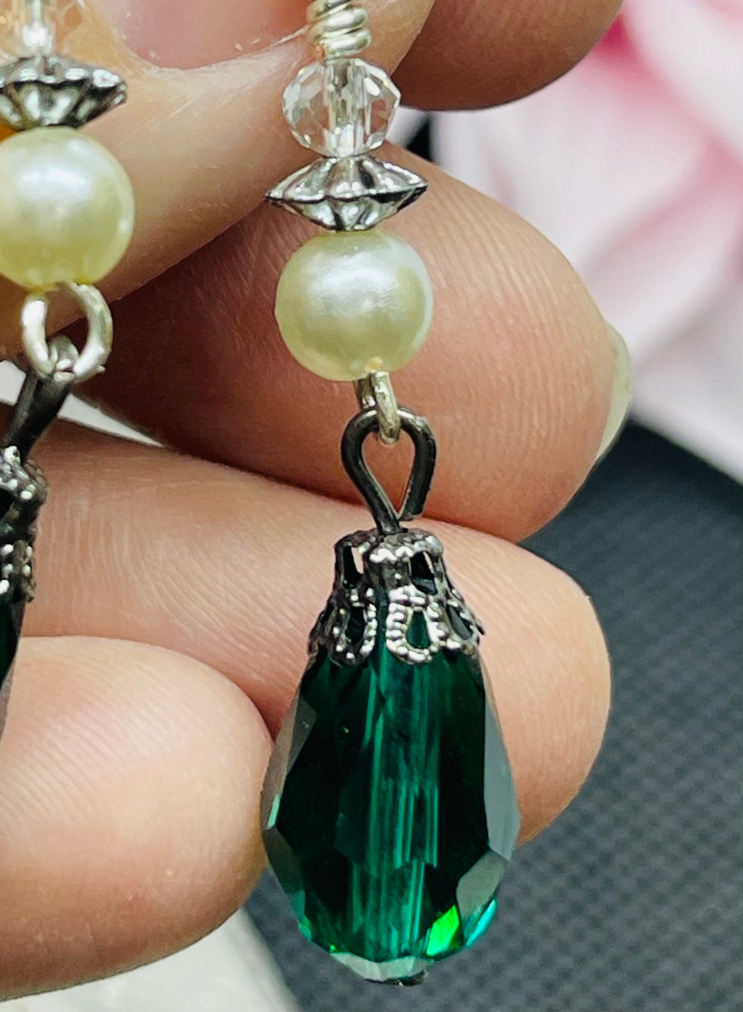 Elegant Green Glass Teardrop Earrings with Pearl Accents