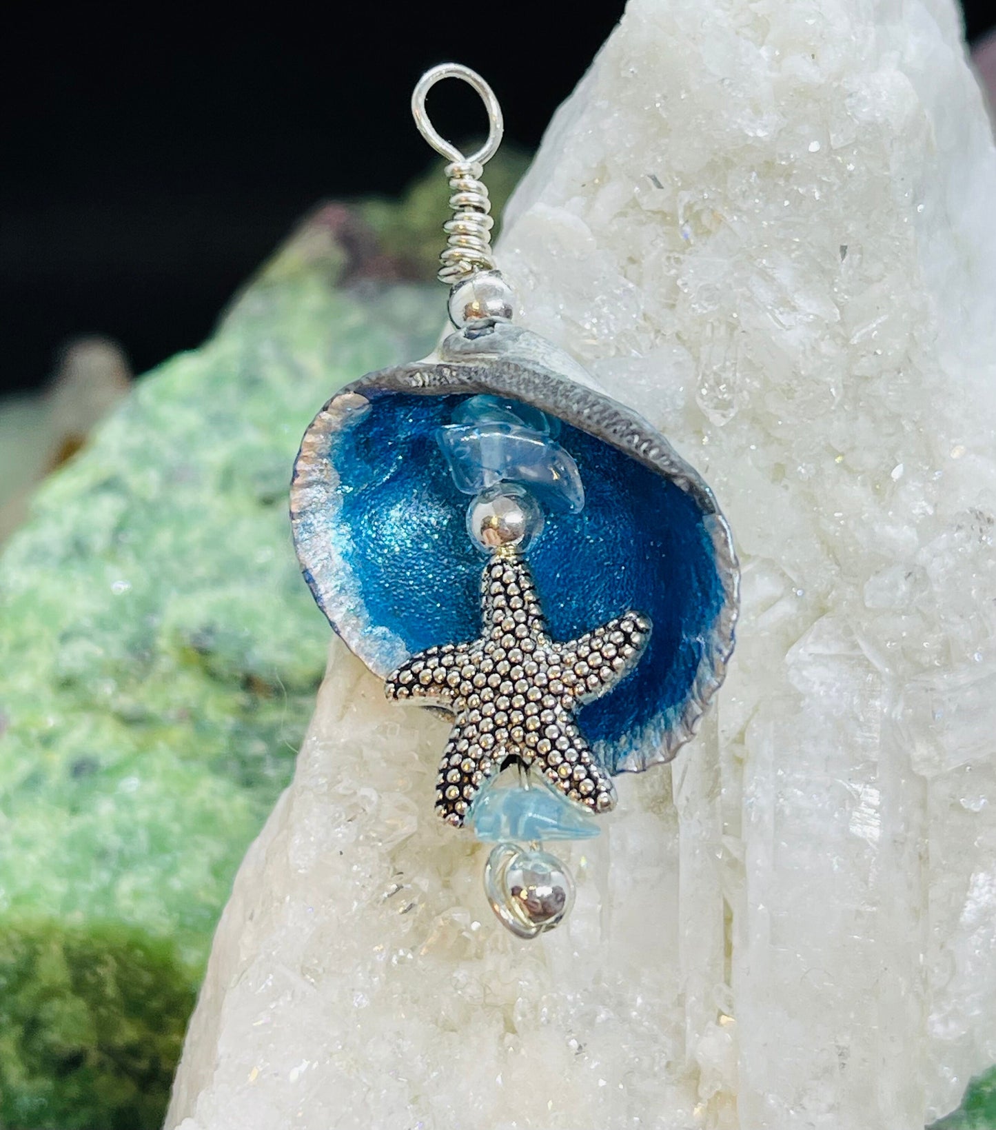 Handmade Shell Necklace w Dragonfly Glaze & Blue Paint on 18 inch chain Featuring Beach Glass and a Sea Star Charm