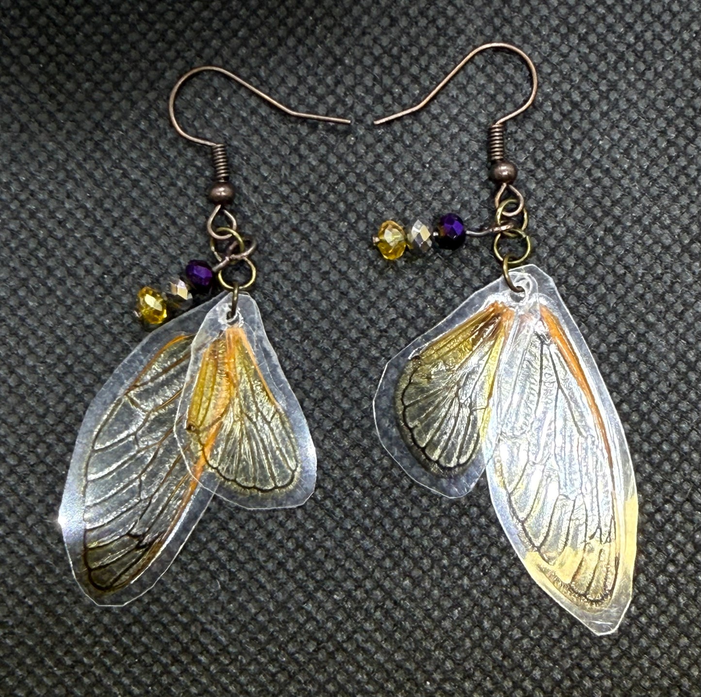 Fairy Wing Cicada Earrings w Yellow Purple Silver Beads Jewelry Gift Limited