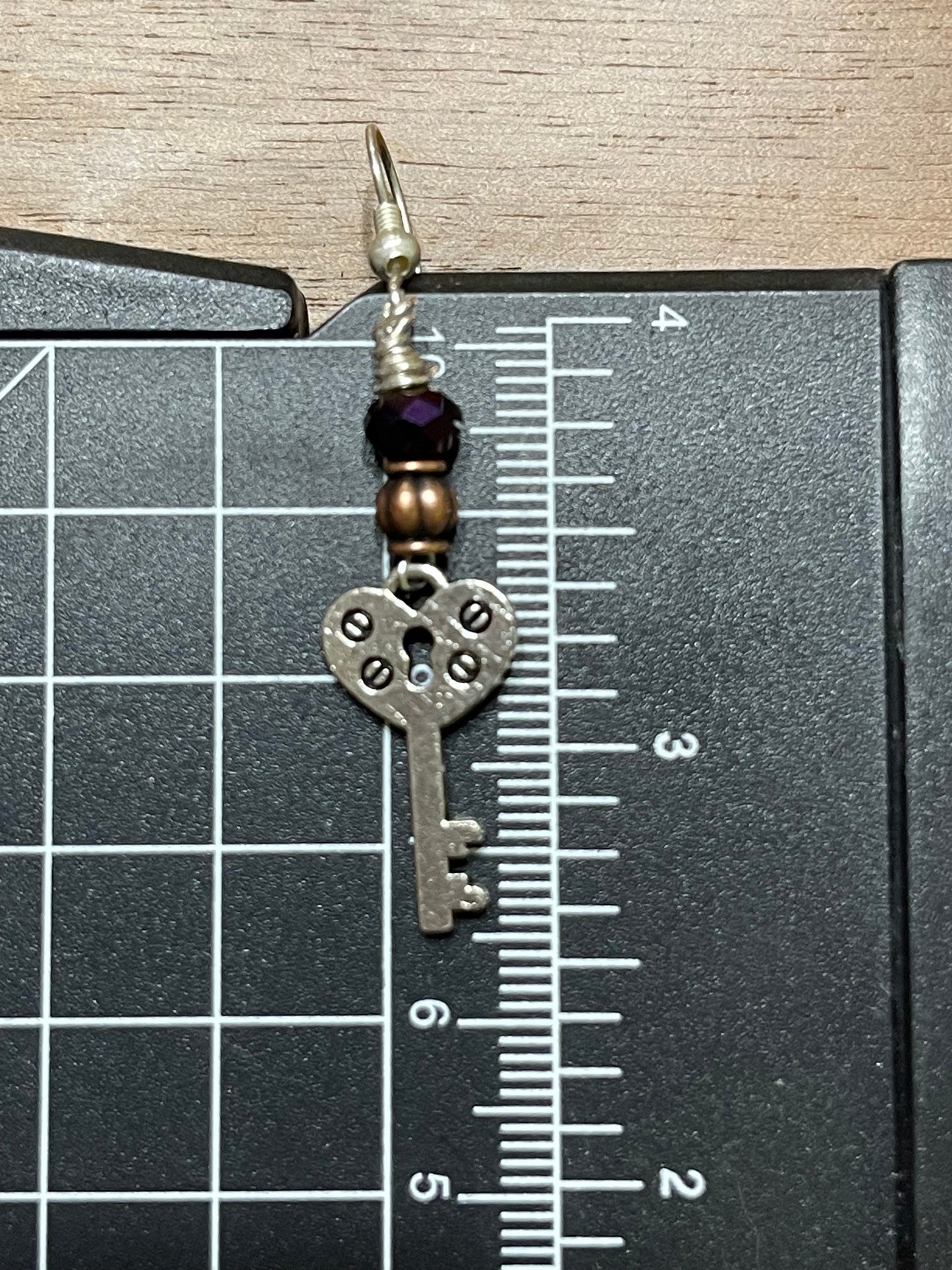 Skeleton Heart Key Earrings w Bead Accents