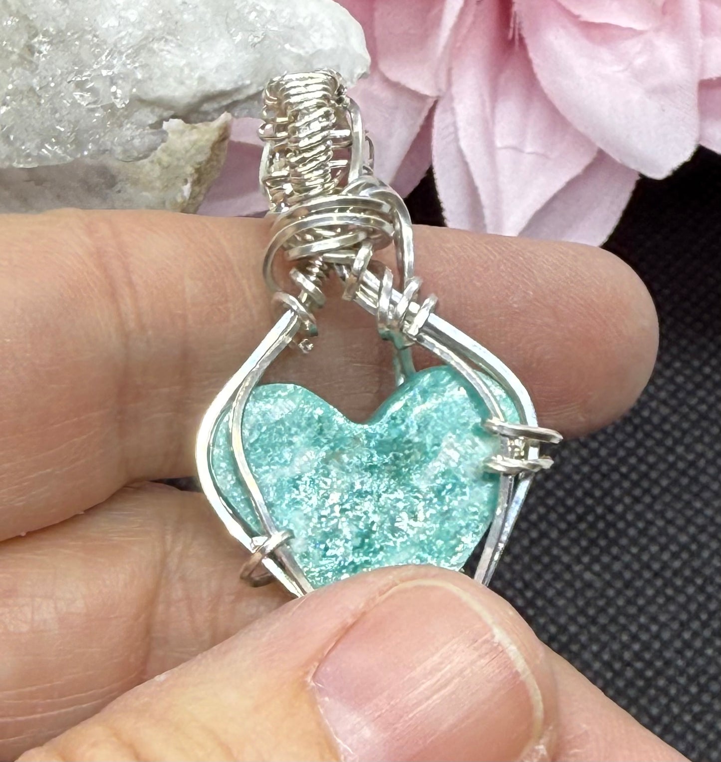 Amazonite Heart w Wave, Turtle, and Pink Tourmaline Accent in Sterling Silver Necklace Jewelry Pendant Gift Ocean Sea Blue