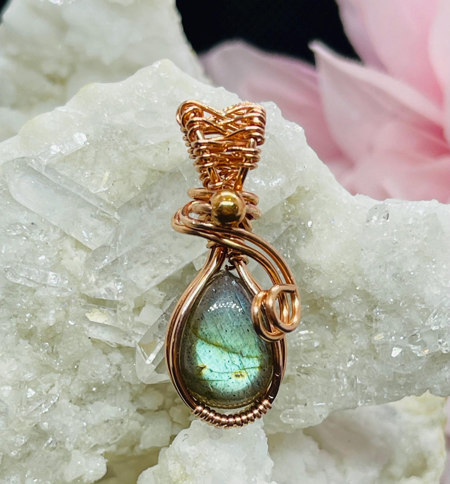 Mini Labradorite Pendant in Copper Wire Wrapped Jewelry Necklace Gift Crystal Blue Flash