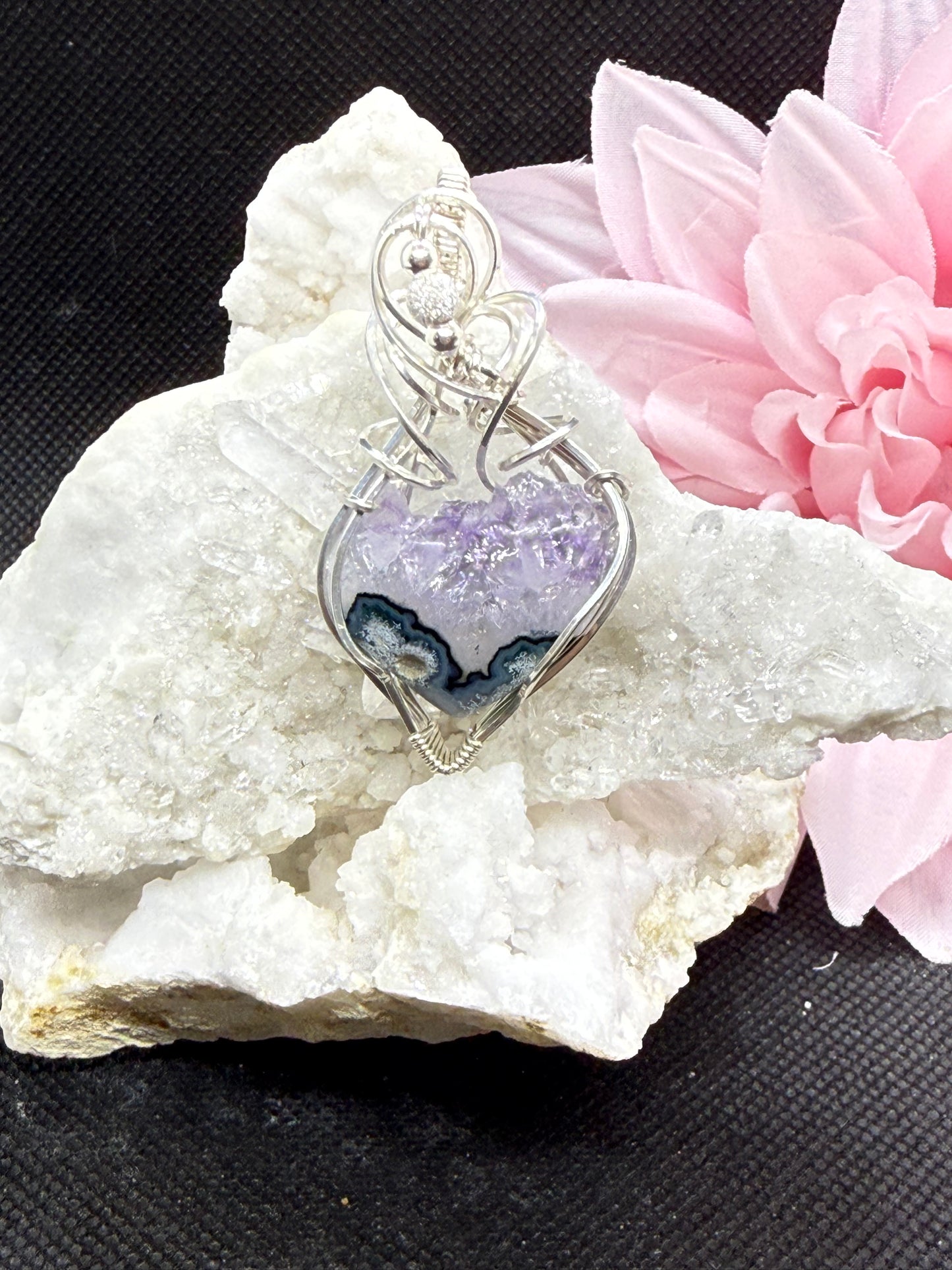 Raw Edge Amethyst Pendant Necklace Jewelry Gift in Sterling Silver w Accent Beads