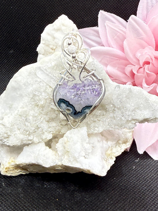 Raw Edge Amethyst Pendant Necklace Jewelry Gift in Sterling Silver w Accent Beads