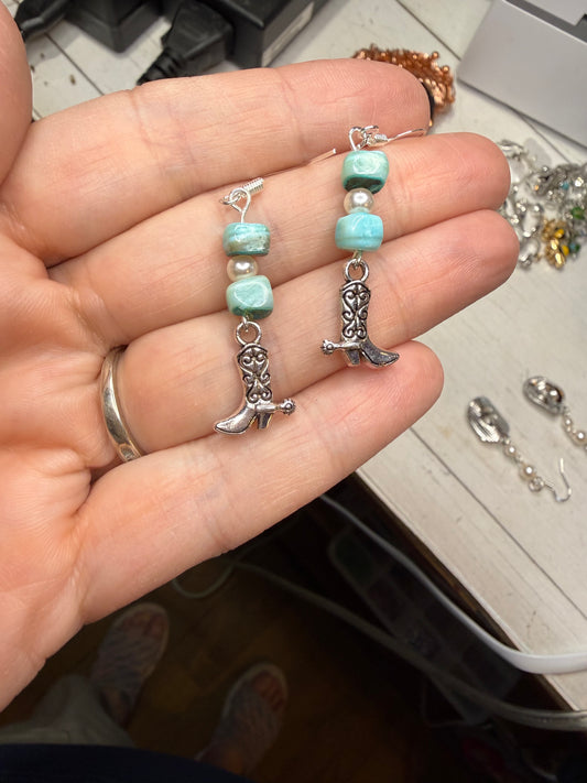 Blue Pearl Cowgirl Cowboy Boot Earrings