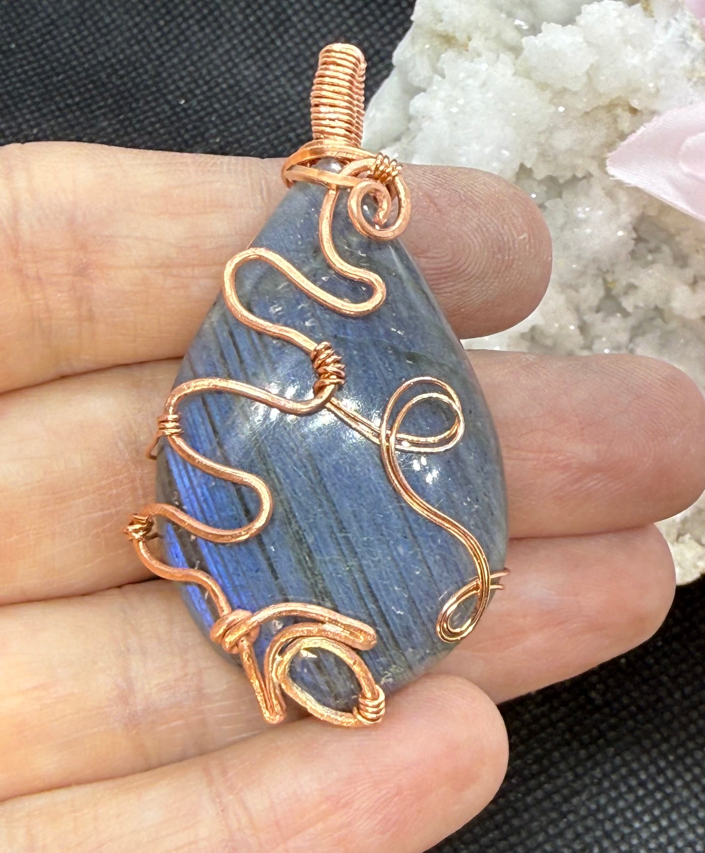 Labradorite Teardrop in Copper with Serpent Overlay Blue Flash Pendant Jewelry Necklace Gift