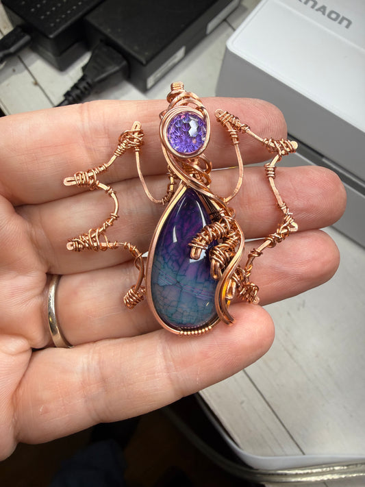 Dyed Agate Dragon Pendant in Copper w Firework CZ Jewelry Necklace