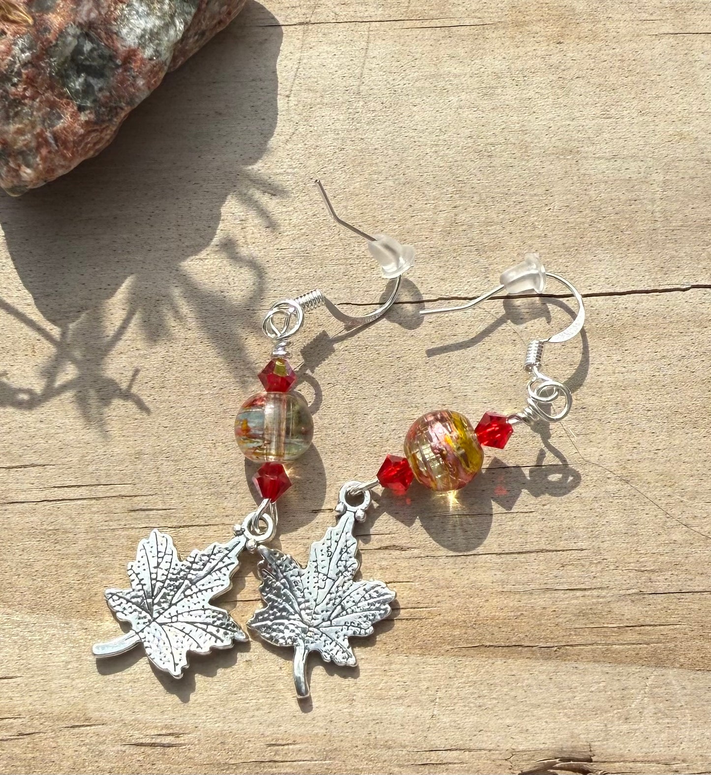Silver Maple Leaf Earrings with Bead Accents