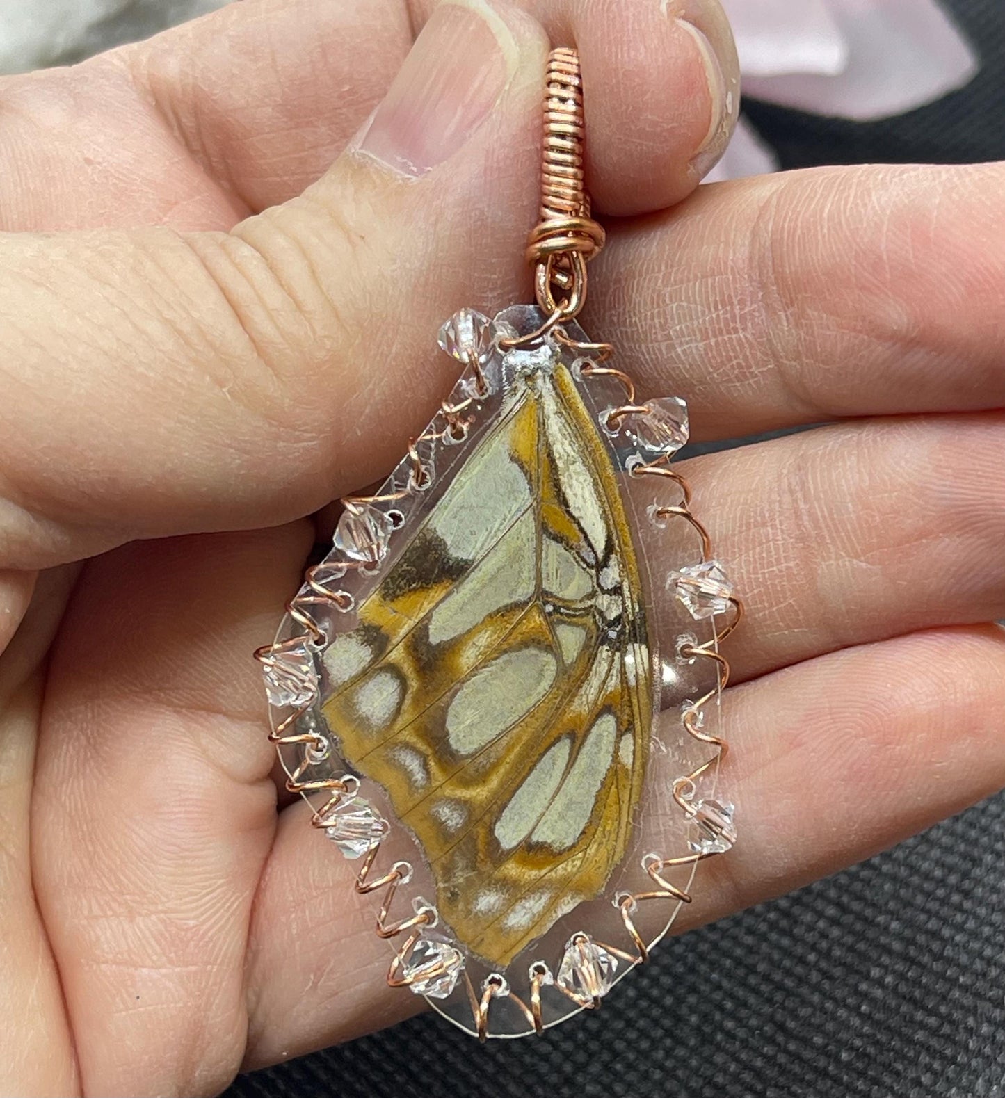Real Butterfly Wing Pendant Necklace Jewelry Gift in Copper with Crystals