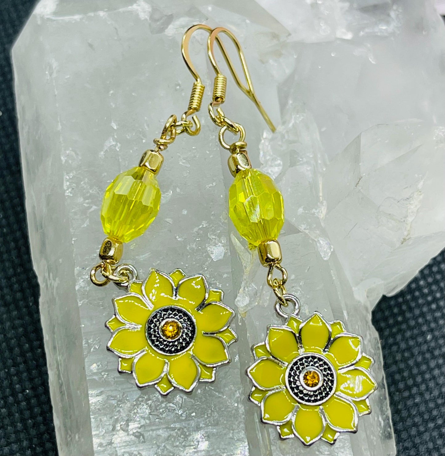 Sunflower Yellow Earrings with Crystals and Bead Accents Jewelry Gift Goldtone