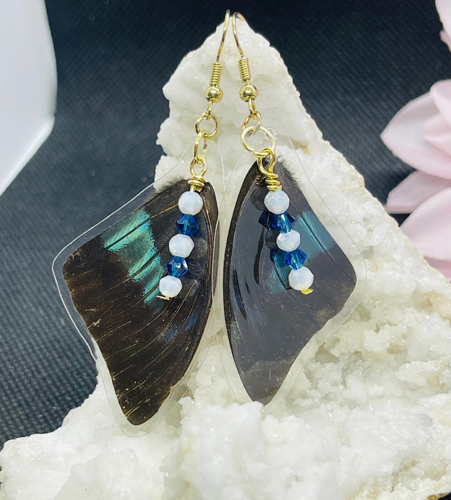 Real Butterfly Wing Earrings with Sparkle Bead Accents Jewelry Black Blue Morpho