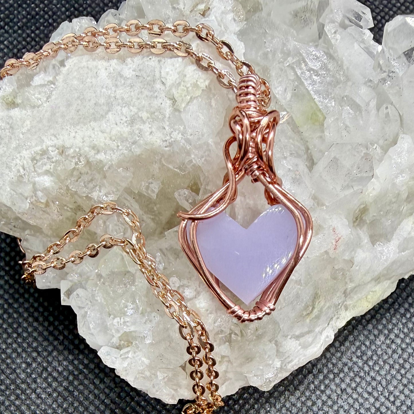 Yytrium Fluorite Lavender Heart in Rose Gold Plate with 18 inch Rose Gold Plate Chain Pendant Jewelry Necklace