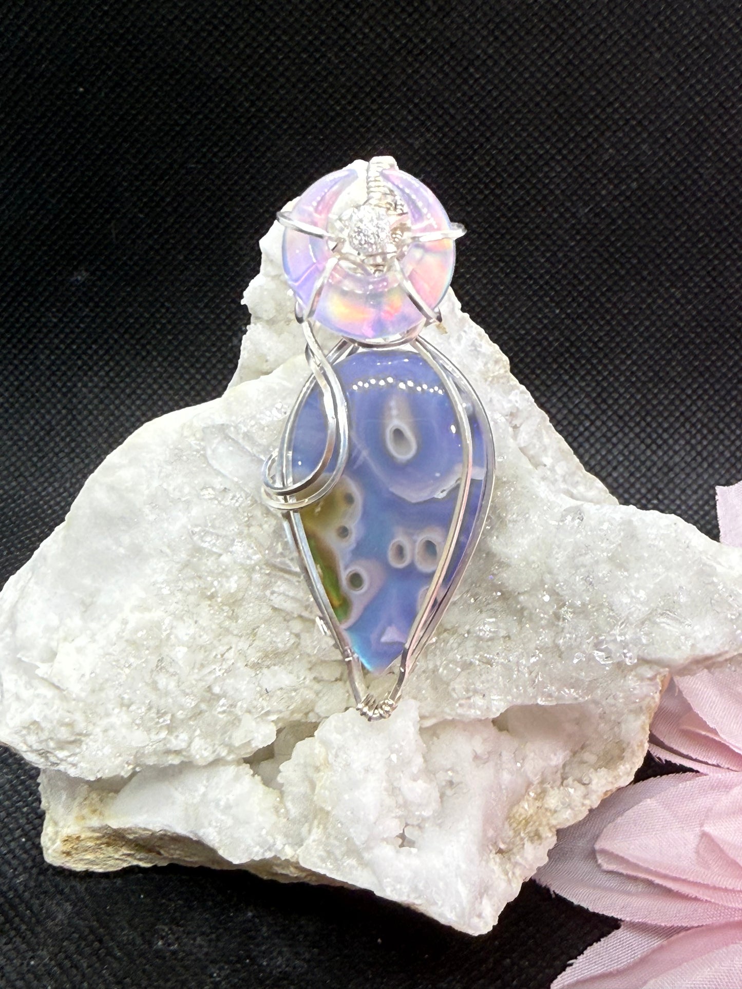 Moss Agate Doublet with Aurora Opal Crescent Moon Pendant Necklace Jewelry