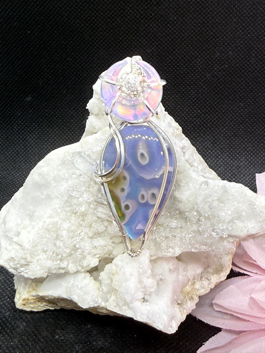 Moss Agate Doublet with Aurora Opal Crescent Moon Pendant Necklace Jewelry