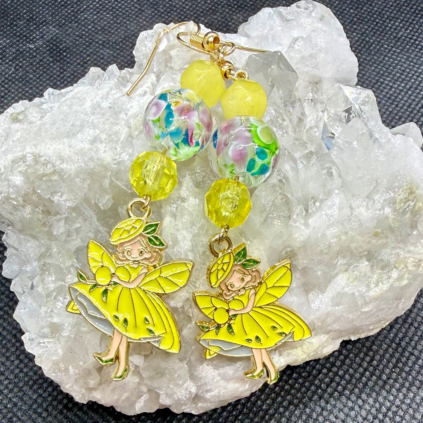 Yellow Fairy Earrings w Goldtone Ear Wires