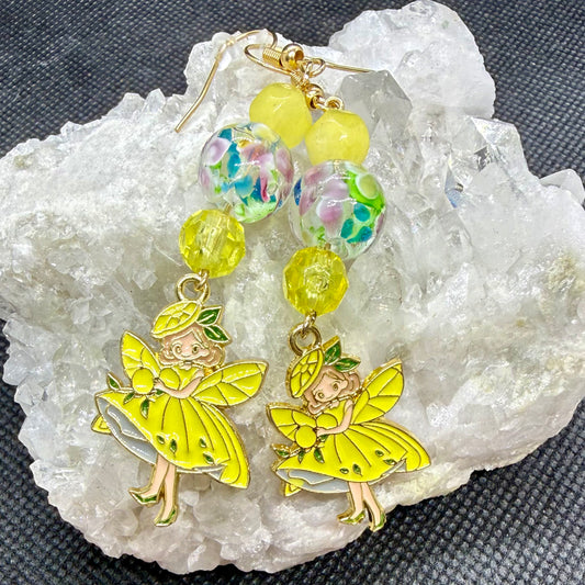 Yellow Fairy Earrings w Goldtone Ear Wires