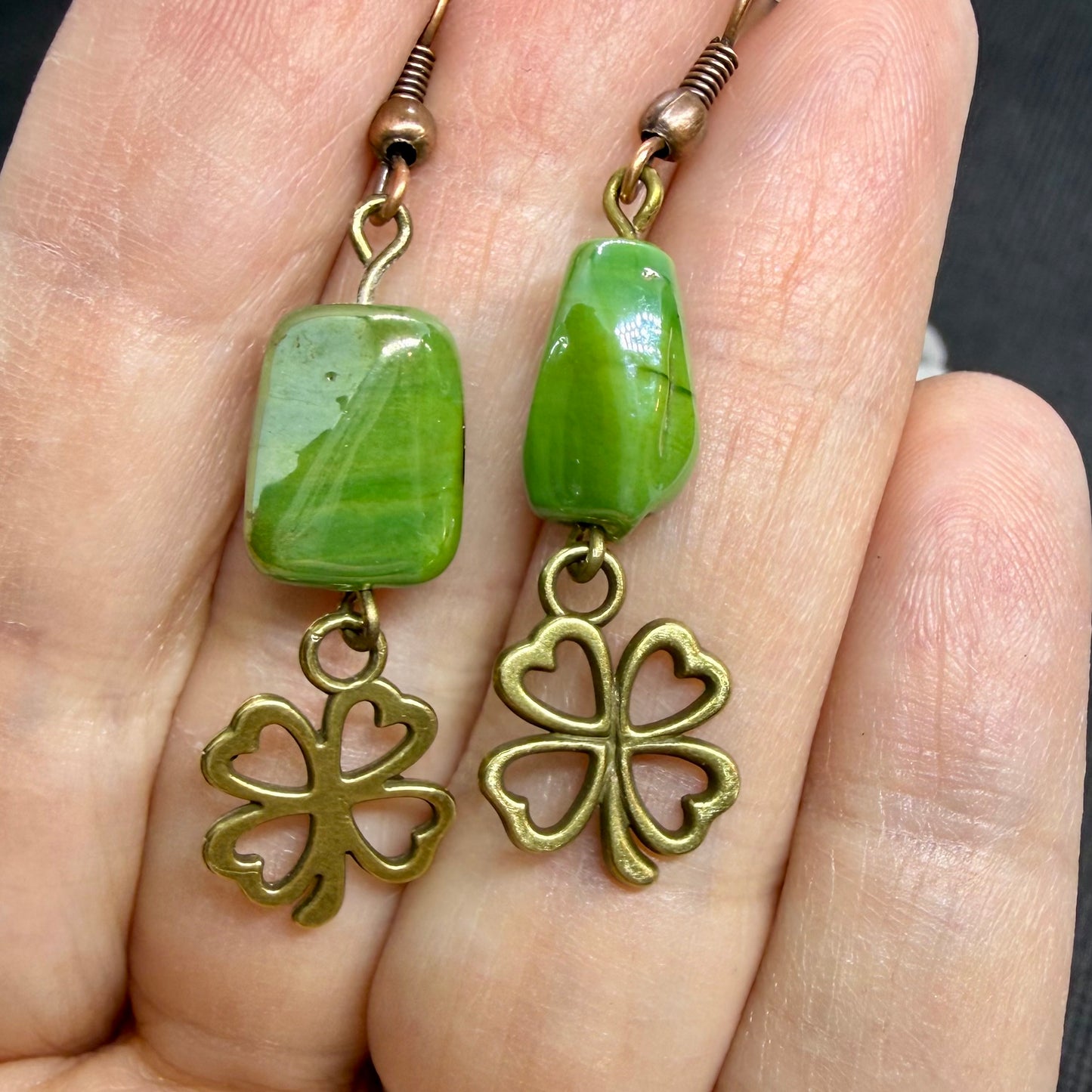 Shamrock Clover Earrings w Antique Copper Ear Wires